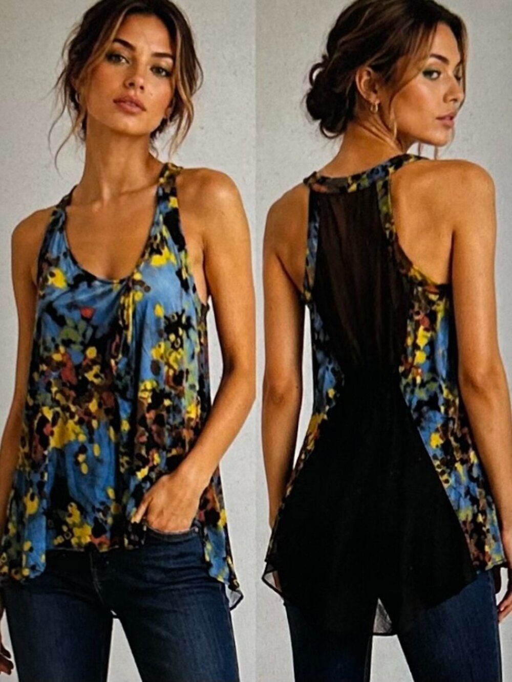 L.A.M.B By Gwen Stefani Abstract Floral Tunic Tank Top Silk Blend Racerback SP